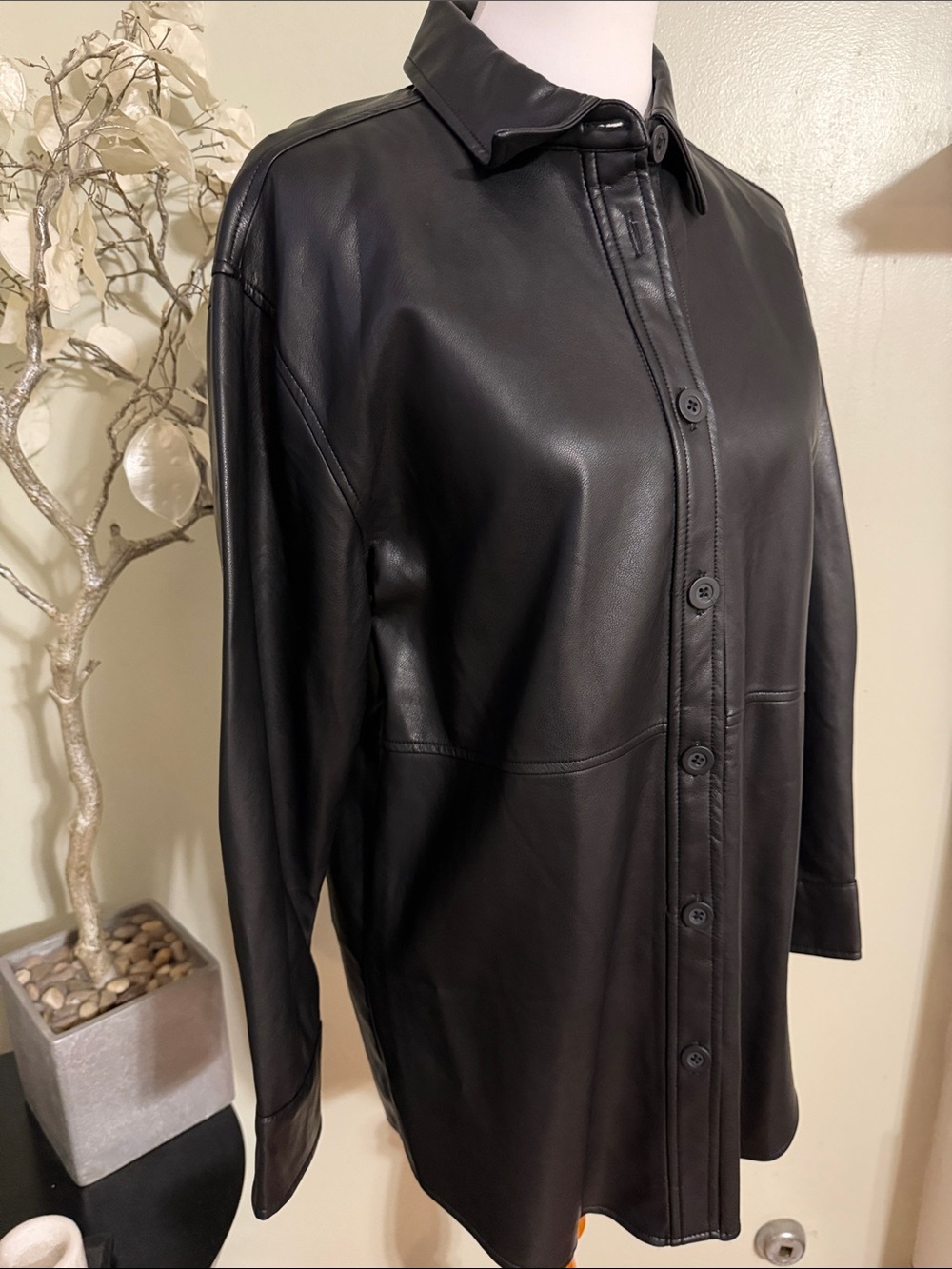 Black Tape_ Black Button-Down Leather Shacket - Picture 3 of 5